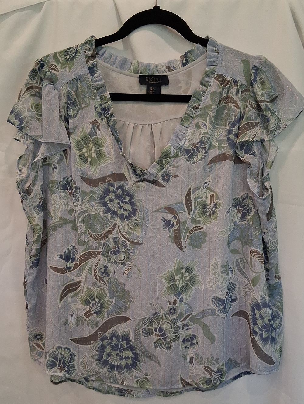 Rachel Blue Floral Ruffle Sleeve V-Neck Blouse